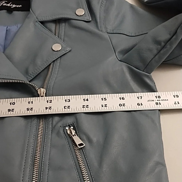 Blue Faux Leather Bomber Moto Jacket Small Silver Hardware - Picture 6 of 11